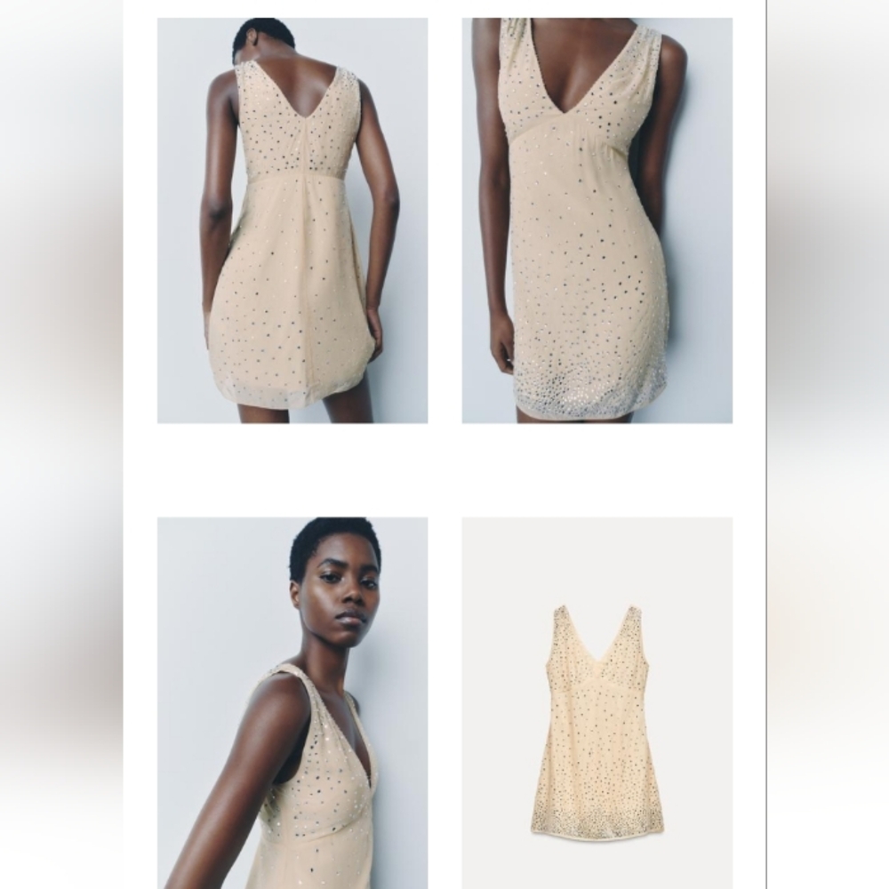 Zara ZW Collection Sparkly Rhinestones Cream Sleeveless Mini Dress Sz-L - Picture 5 of 9